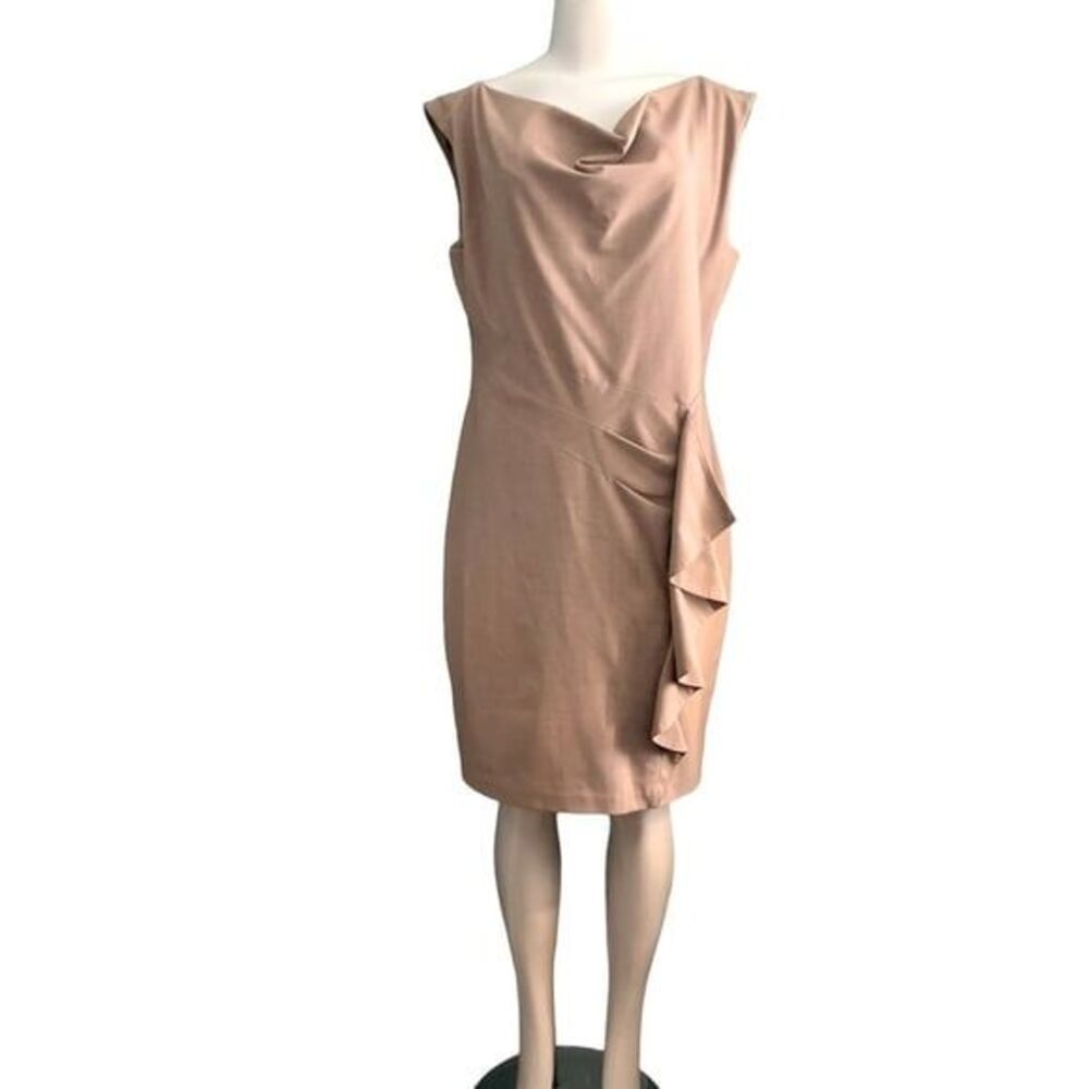 Jones Wear Dress Taupe Tan Cowl Neck Sleeveless Sheath Side Ruching Dress 14